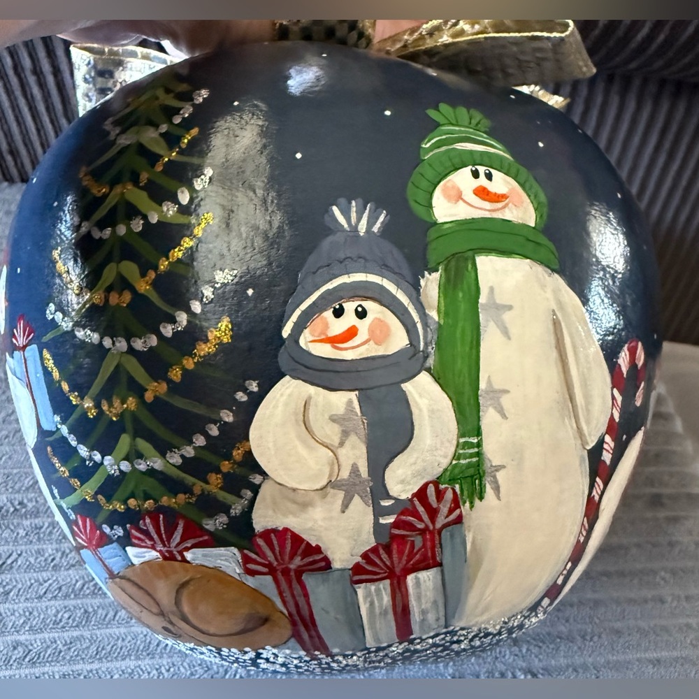 VTG Snowman Gourd Holiday White BEAR Handpainted Signed Christmas